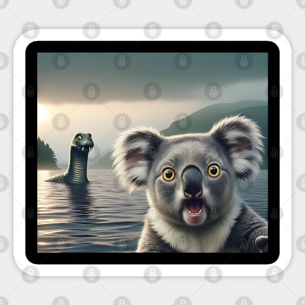 Scared koala bear standing near Loch Ness in Scotland takes selfie with Loch Ness Monster Nessie Sticker by Luxinda